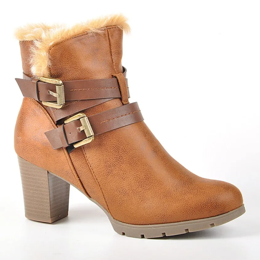 Chaussures Confort|CARROU Bottines A Talons Avec Col Fausse Fourrure Camel