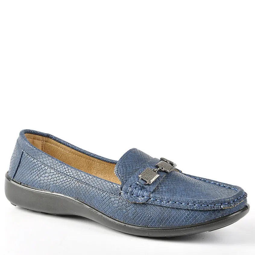 Chaussures Confort|LADY CONFORT Mocassins Avec Effet Reptile Bleu Marine