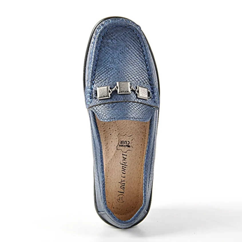 Chaussures Confort|LADY CONFORT Mocassins Avec Effet Reptile Bleu Marine