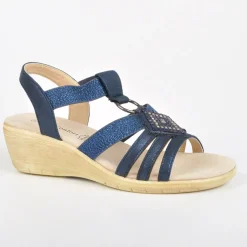 Chaussures Confort|LADY CONFORT Sandales Compensees Avec Strass Bleu Marine