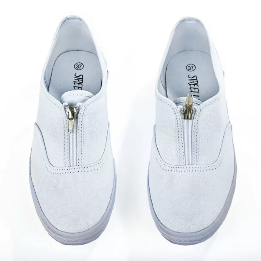 Baskets, Sneakers | STREET LIFE Baskets Tennis En Toile Blanche Avec Fermeture Eclair / Zip