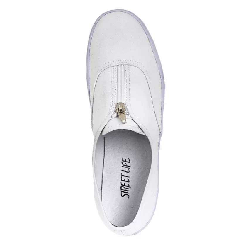 Baskets, Sneakers | STREET LIFE Baskets Tennis En Toile Blanche Avec Fermeture Eclair / Zip