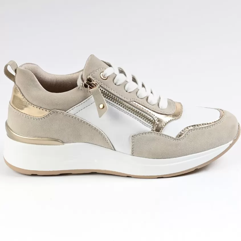 Chaussures Confort | SCALINA Sneakers Femme Beige Avec Fermeture Eclair